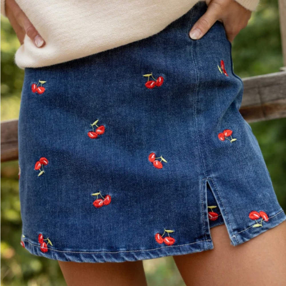 My Favorite Dark Wash Cherry Embroidered Side Slit Denim Skort